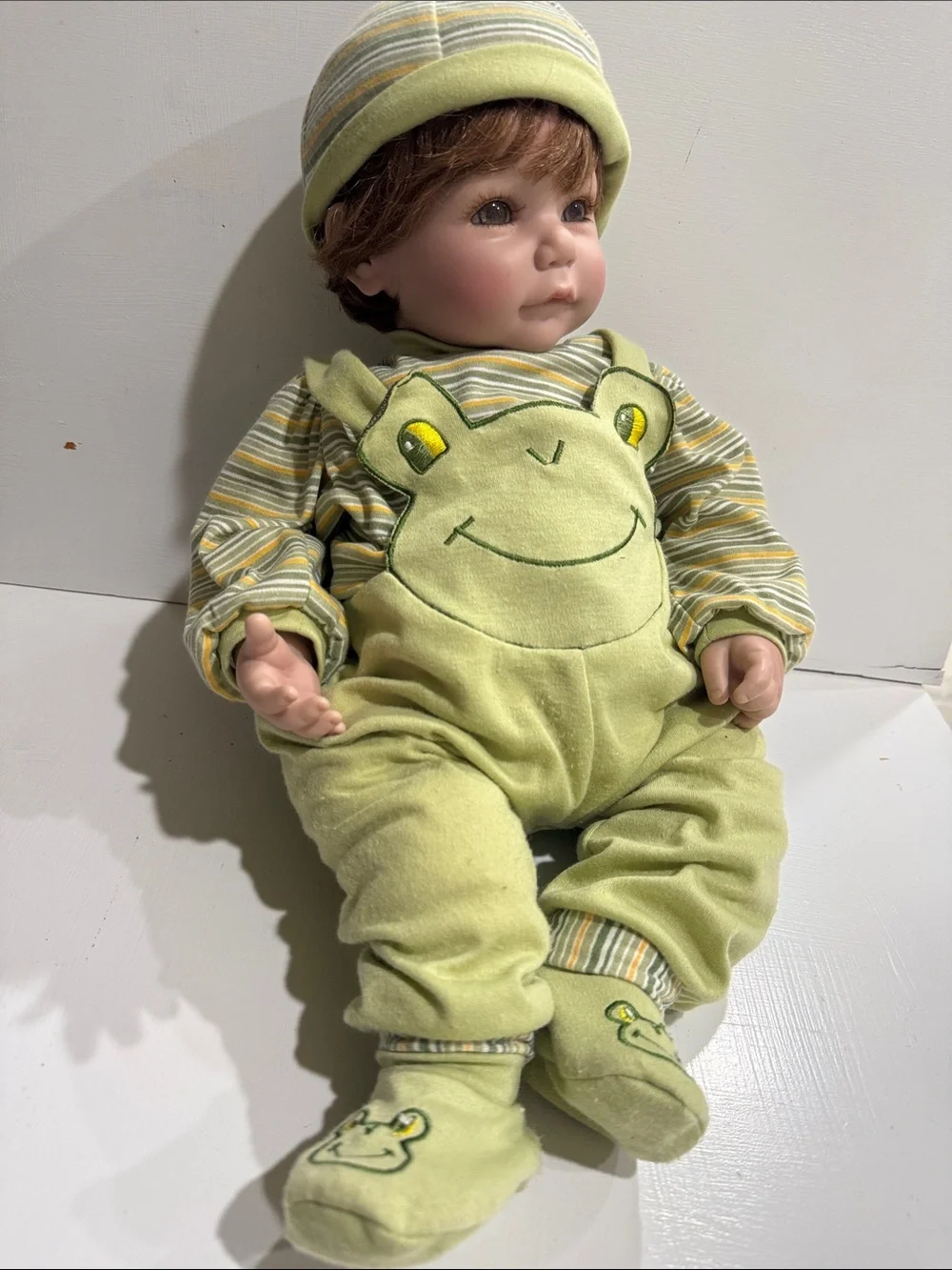 Green Frog Infant Doll Outfit — Striped Onesie & Hat
